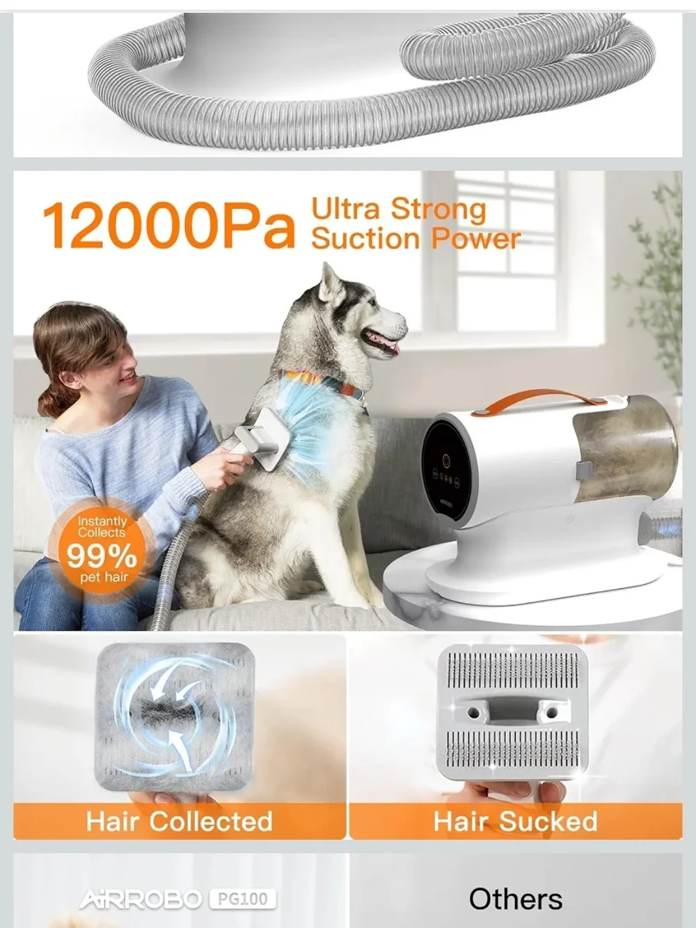 Pet Grooming Vacuum Cleaner with Orange Handle - White